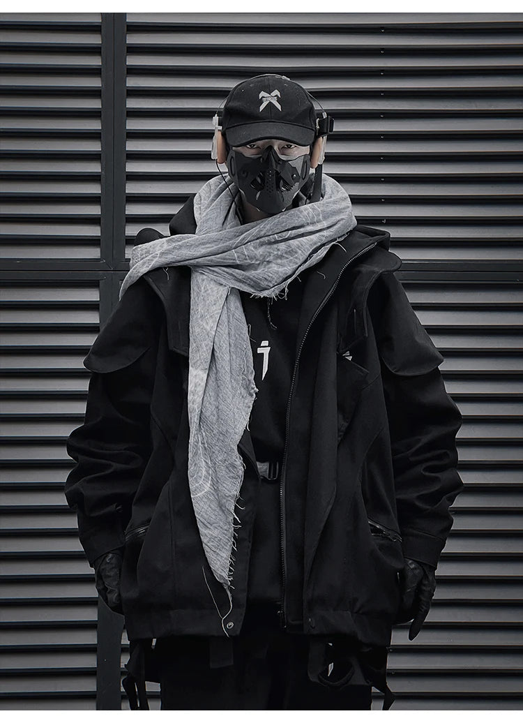 Unisex High Street Functional Cargo Jacket Techwear Fake two-piece Tactical Windbreaker Coats Streetwear Men's clothing Oversize - Ghost District
