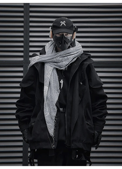 Unisex High Street Functional Cargo Jacket Techwear Fake two-piece Tactical Windbreaker Coats Streetwear Men's clothing Oversize - Ghost District