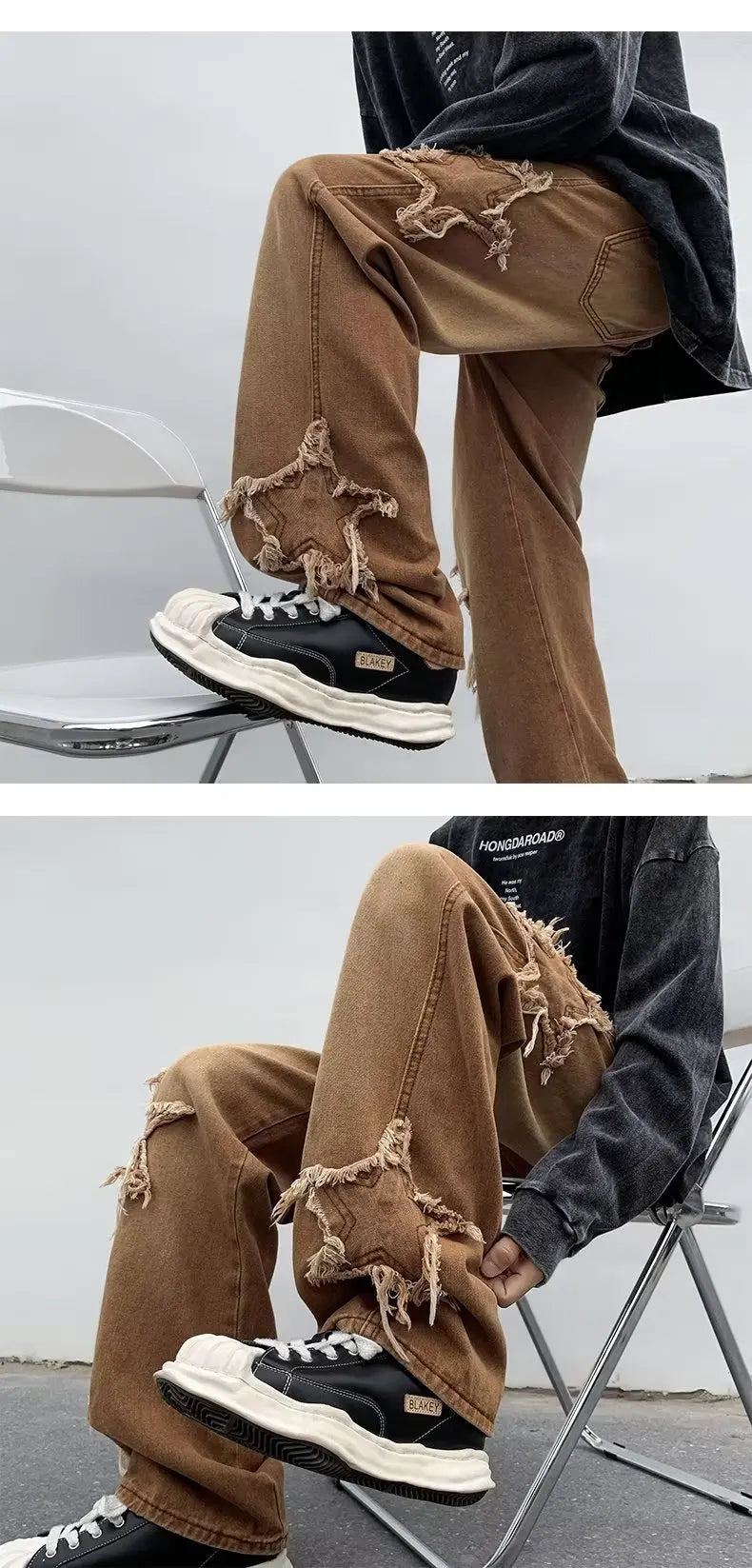 2025 New Fashion Stars Towel Embroidery Brown Men Jeans Pants Y2K Clothes Straight Hip Hop Cotton Trousers Pantalon Homme - Ghost District