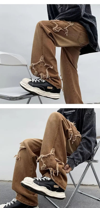 2025 New Fashion Stars Towel Embroidery Brown Men Jeans Pants Y2K Clothes Straight Hip Hop Cotton Trousers Pantalon Homme - Ghost District
