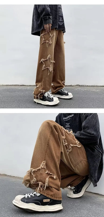 2025 New Fashion Stars Towel Embroidery Brown Men Jeans Pants Y2K Clothes Straight Hip Hop Cotton Trousers Pantalon Homme - Ghost District