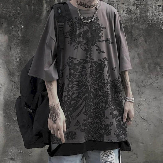 Men T-shirts 2023 Summer Streetwear High Street Gothic Skull Tshirt Loose Oversized Short-sleeved T shirt Dark Anime Men Y2k Top Ghost District
