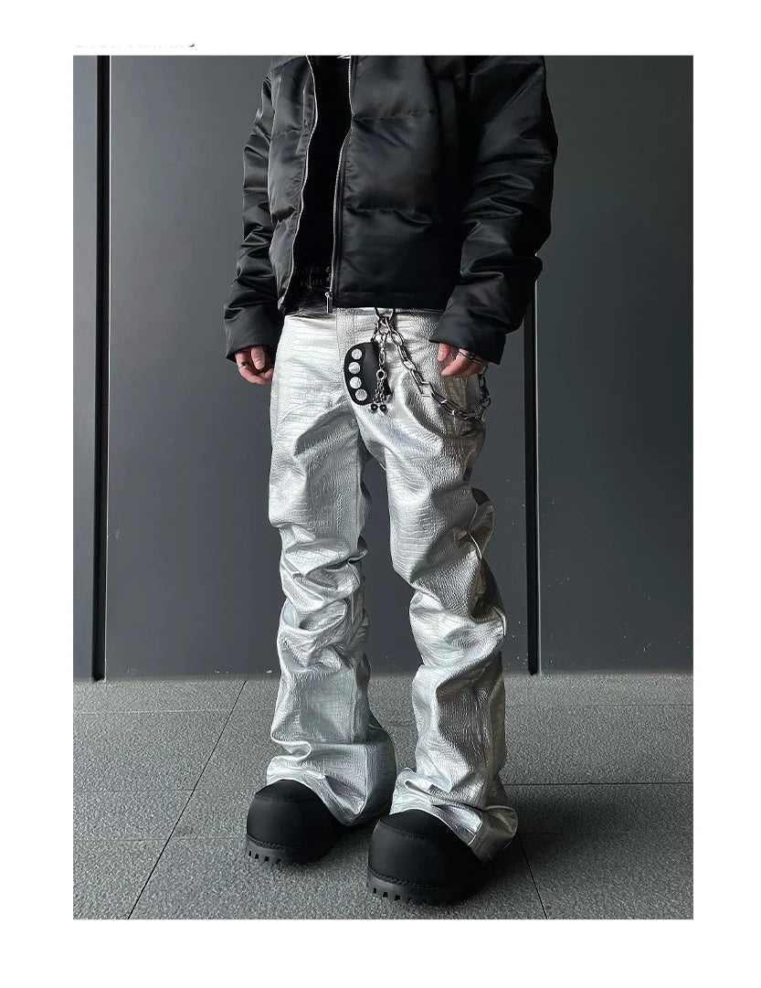 Mauroicardi Spring Autumn Cool Handsome Long Black Crocodile Print Pu Leather Pants for Men Luxury Designer Floor Length Clothes - Ghost District