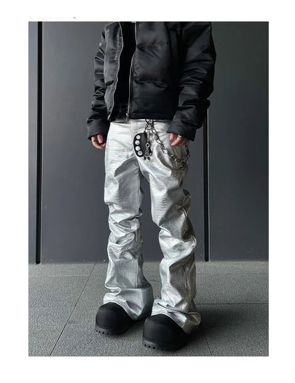 Mauroicardi Spring Autumn Cool Handsome Long Black Crocodile Print Pu Leather Pants for Men Luxury Designer Floor Length Clothes - Ghost District
