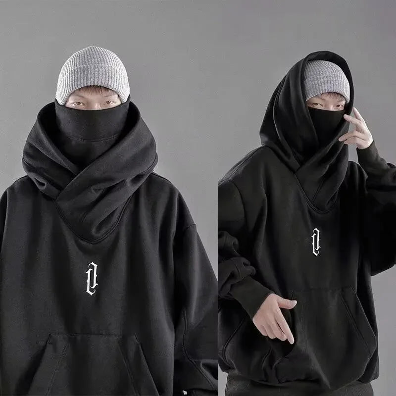 Embroidery Turtleneck Sweatshirt For Men Japanese Ninja Hoodies Autumn Hip Hop Fleece Pocket Streetwear Oversized Y2K Hoody Ghost District