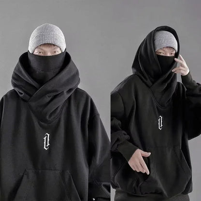 Embroidery Turtleneck Sweatshirt For Men Japanese Ninja Hoodies Autumn Hip Hop Fleece Pocket Streetwear Oversized Y2K Hoody Ghost District