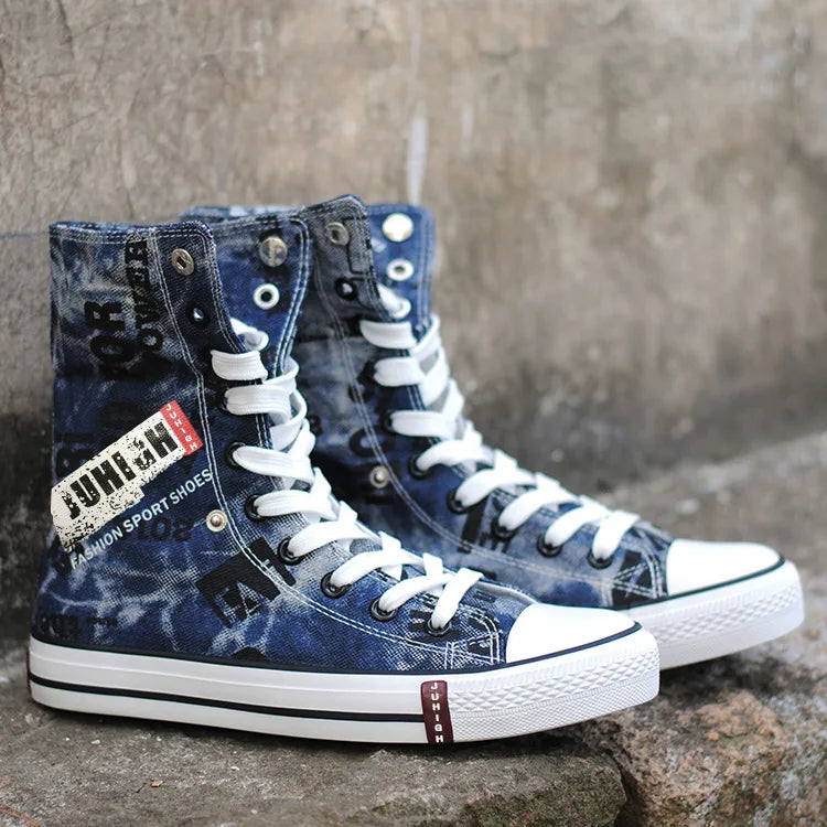 Print Denim Shoes for Men High Top Canvas Shoes Lace-up Flat Street Hip Hop Men Shoes Western Male Cowboy Boots Tenis Masculino - Ghost District