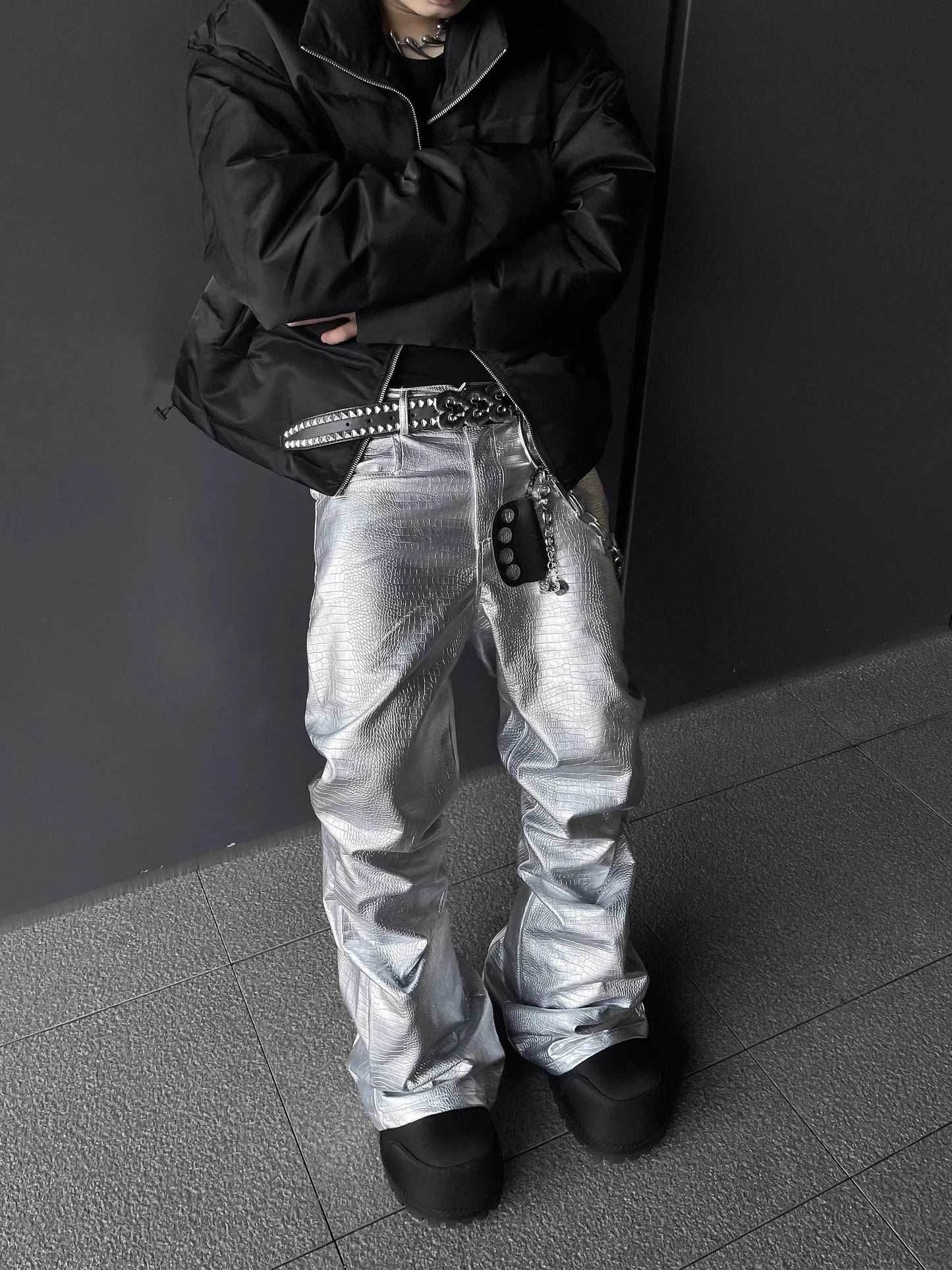 Mauroicardi Spring Autumn Cool Handsome Long Black Crocodile Print Pu Leather Pants for Men Luxury Designer Floor Length Clothes - Ghost District