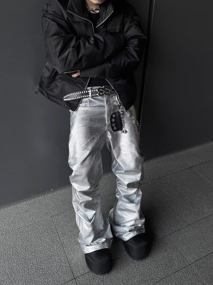 Mauroicardi Spring Autumn Cool Handsome Long Black Crocodile Print Pu Leather Pants for Men Luxury Designer Floor Length Clothes - Ghost District