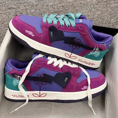Women Shoes Men Retro Street Heart Pattern Skateboard Shoes Y2K Fashion Sneakers Couple Students Outdoor Sports Casual Shoes - Ghost District