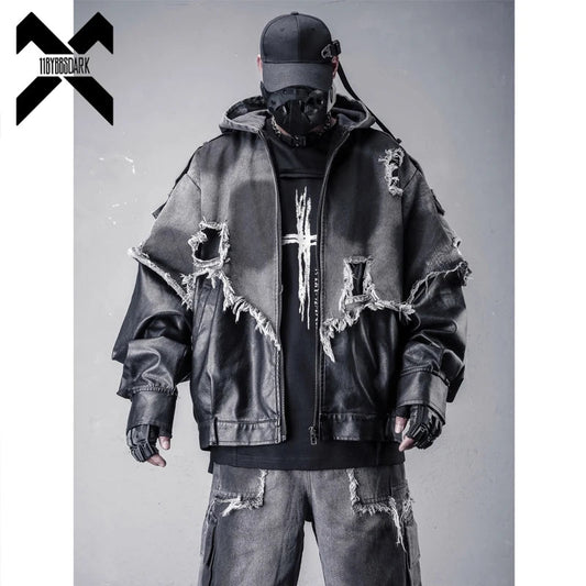 Vintage Distressed PU Leather Patchwork Denim Jacket Hooded Coat Men Street Punk Hip Hop Techwear Oversized Outerwear Ghost District