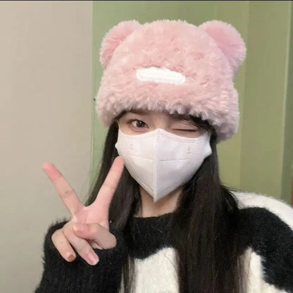 Cute Bear Knit Hat for Women Winter Thickened Fluffy Warm Fleece Beanie Oversized Head Wrap Chunky Crochet Cap Autumn Winter - Ghost District