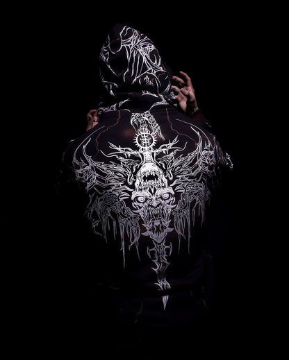 Y2K Harajuku Gothic Style White Oversized Hoodie with Intricate Skull Graphic Print Elaborate Holy Writ Script Design Streetwear - Ghost District