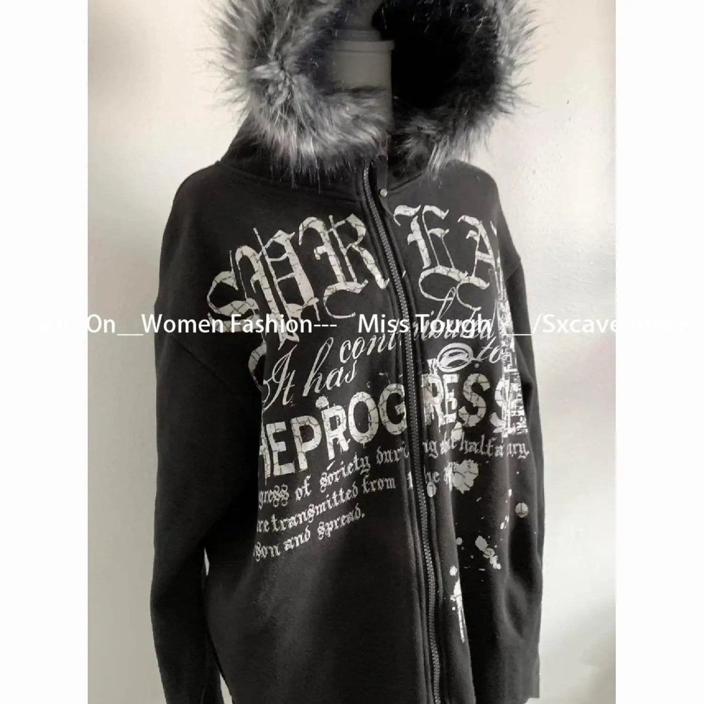 American Vintage Black Faux Fur Sweatshirts Women Letter Printed Subculture Coats with Hooded Female Gothic Harajuku Jackets Y2k Ghost District
