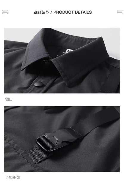 Men's Techwear Button Up Shirt Oversized Streetwear Harajuku Hip Hop Shirts Detachable Sleeve Black Tooling Button Up Blouse - Ghost District