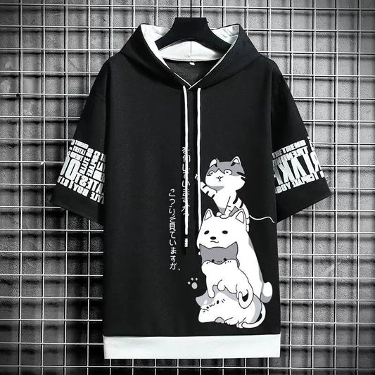 Japan Fashion Men's Hoodies Summer Men Clothing Cartoon Casual Harajuku Streetwear Print Hooded Top Short Sleeve Sweatshirts Men Ghost District
