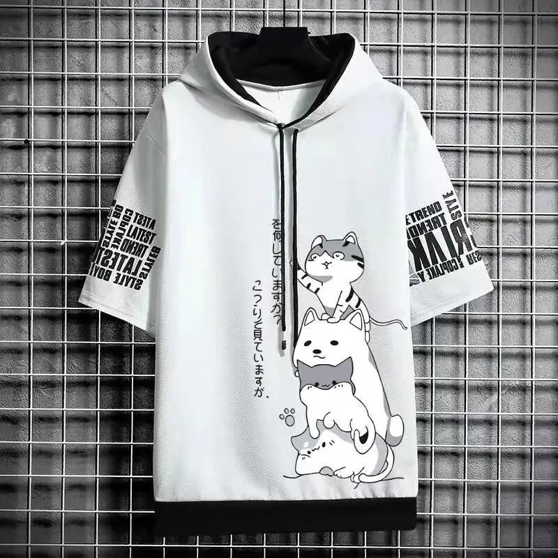 Japan Fashion Men's Hoodies Summer Men Clothing Cartoon Casual Harajuku Streetwear Print Hooded Top Short Sleeve Sweatshirts Men Ghost District
