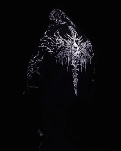 Y2K Harajuku Gothic Style White Oversized Hoodie with Intricate Skull Graphic Print Elaborate Holy Writ Script Design Streetwear - Ghost District