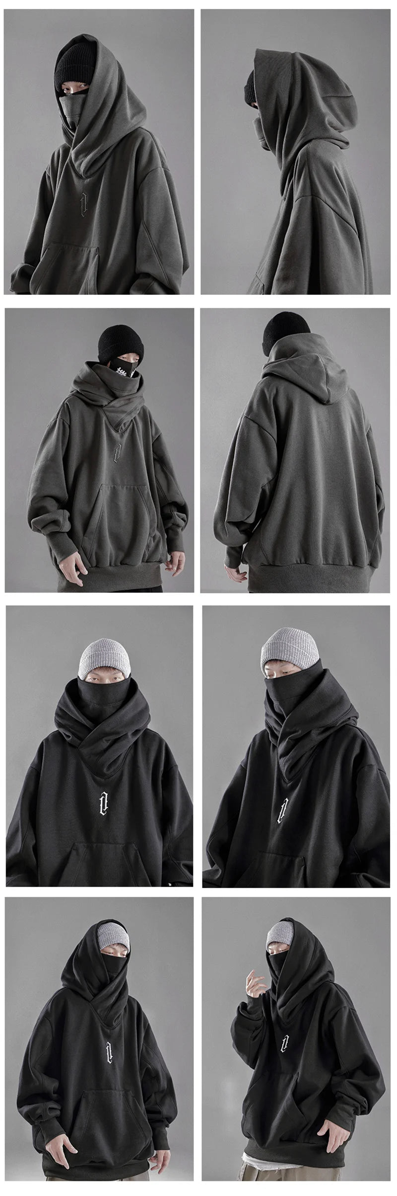 Embroidery Turtleneck Sweatshirt For Men Japanese Ninja Hoodies Autumn Hip Hop Fleece Pocket Streetwear Oversized Y2K Hoody Ghost District