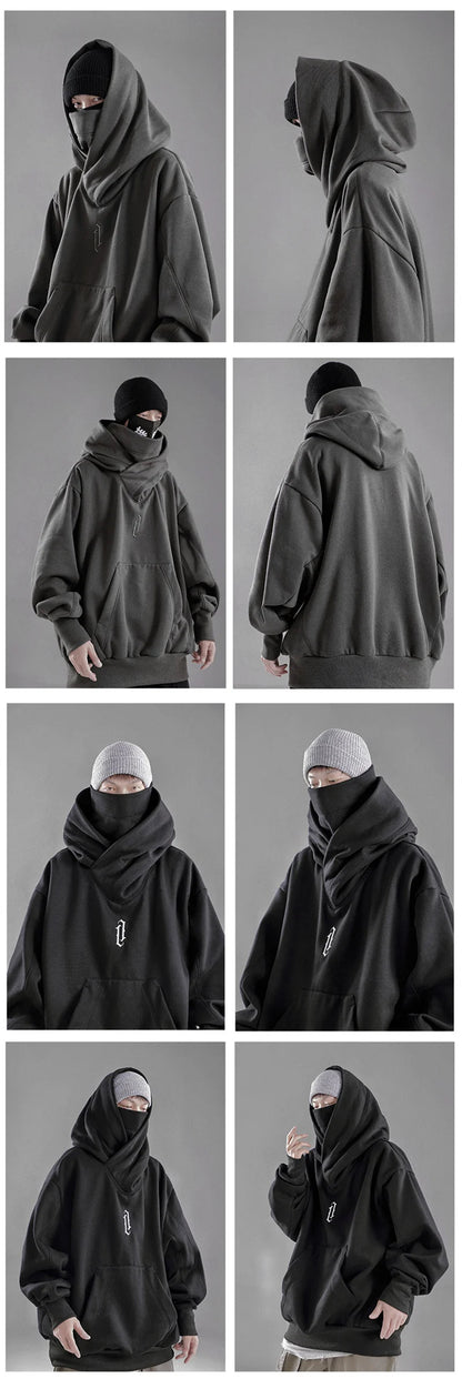 Embroidery Turtleneck Sweatshirt For Men Japanese Ninja Hoodies Autumn Hip Hop Fleece Pocket Streetwear Oversized Y2K Hoody Ghost District