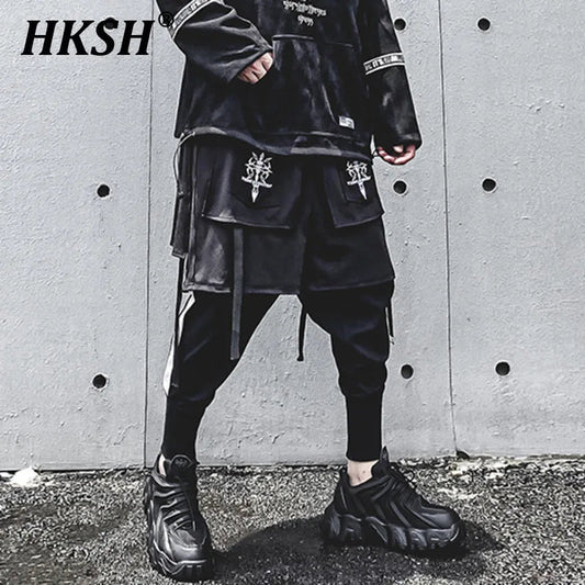 HKSH Fake Two Pieces Embroidered Legged Overalls High Street Hip Hop Dark Techwear Autumn Winter New Cargo Pants Trendy HK2900 Ghost District