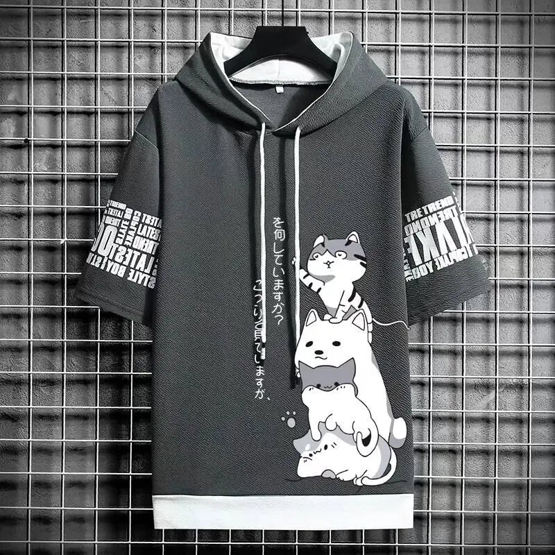 Japan Fashion Men's Hoodies Summer Men Clothing Cartoon Casual Harajuku Streetwear Print Hooded Top Short Sleeve Sweatshirts Men Ghost District