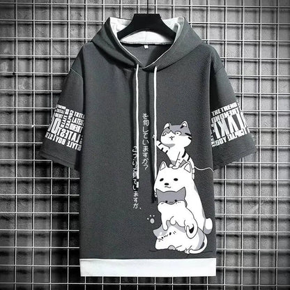 Japan Fashion Men's Hoodies Summer Men Clothing Cartoon Casual Harajuku Streetwear Print Hooded Top Short Sleeve Sweatshirts Men Ghost District