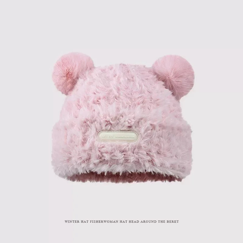 Cute Bear Knit Hat for Women Winter Thickened Fluffy Warm Fleece Beanie Oversized Head Wrap Chunky Crochet Cap Autumn Winter - Ghost District