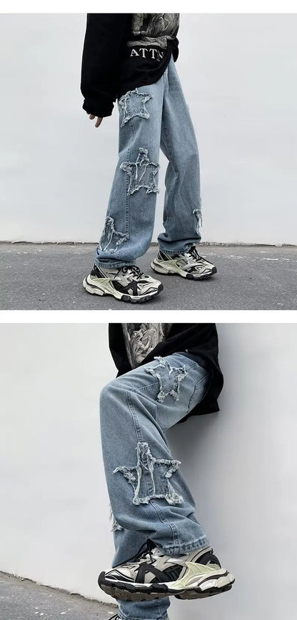 2025 New Fashion Stars Towel Embroidery Brown Men Jeans Pants Y2K Clothes Straight Hip Hop Cotton Trousers Pantalon Homme - Ghost District