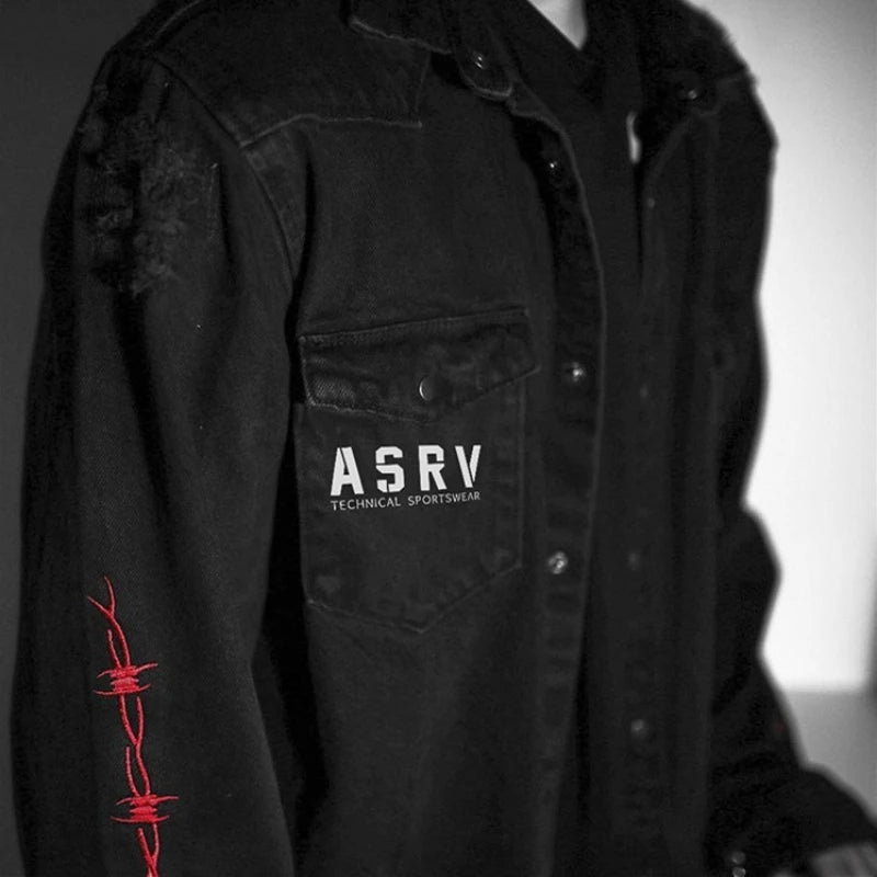 Mens Gym Trend Denim Jacket Techwear Jeans Jackets Causal Fitness Man Loose Clothing Outerwear Coat Cotton Sports Sweatshirt Ghost District