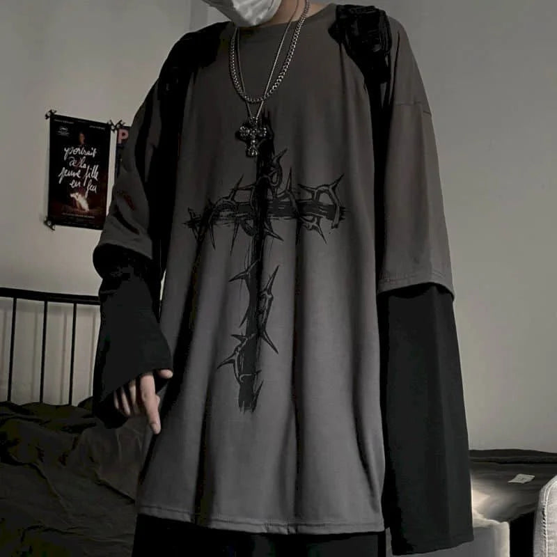 Men T Shirts autumn men Clothes anime casual Long Sleeved Oversized Y2K T-Shirt Harajuku Streetwear Academia Hip Hop tee tops Ghost District