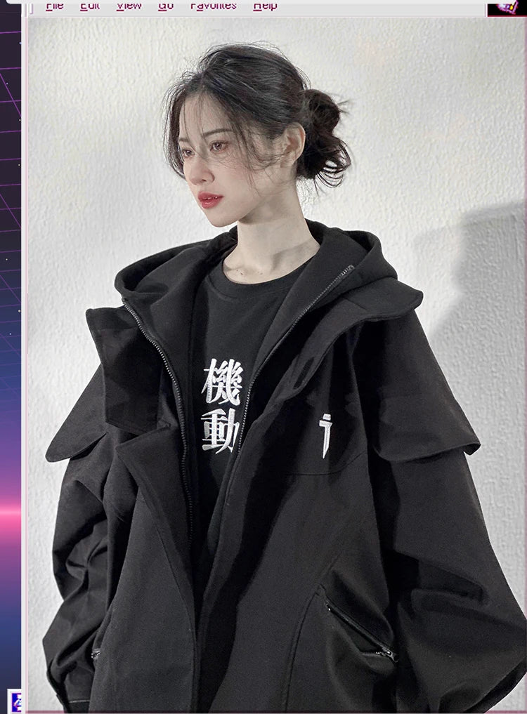 Unisex High Street Functional Cargo Jacket Techwear Fake two-piece Tactical Windbreaker Coats Streetwear Men's clothing Oversize - Ghost District