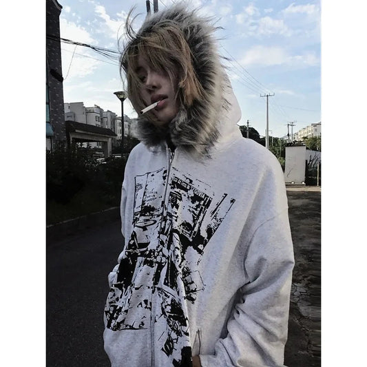American Vintage Black Faux Fur Sweatshirts Women Letter Printed Subculture Coats with Hooded Female Gothic Harajuku Jackets Y2k Ghost District