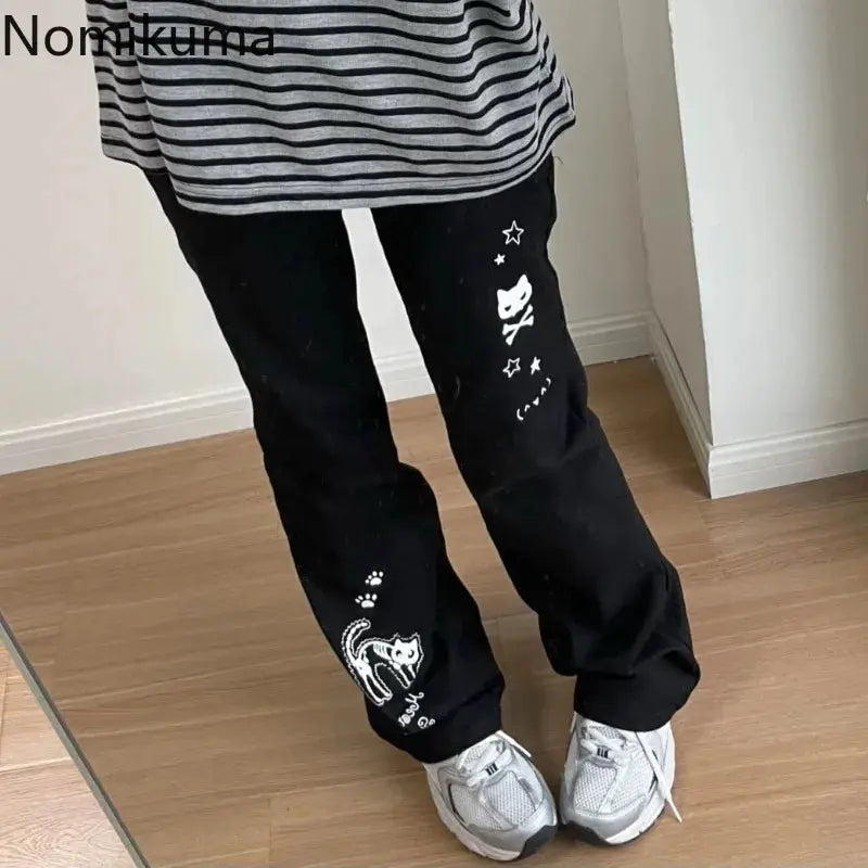 Japanese Y2k Pants Women Streetwear Skull Print Black Pantalon Femme Elastic Waist Casual Fashion Trousers 2025 New Bottoms - Ghost District