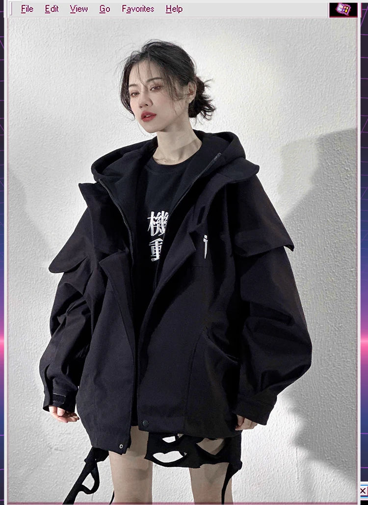 Unisex High Street Functional Cargo Jacket Techwear Fake two-piece Tactical Windbreaker Coats Streetwear Men's clothing Oversize - Ghost District