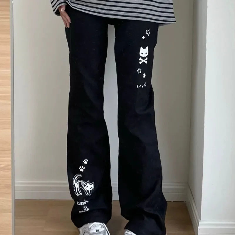 Japanese Y2k Pants Women Streetwear Skull Print Black Pantalon Femme Elastic Waist Casual Fashion Trousers 2025 New Bottoms - Ghost District
