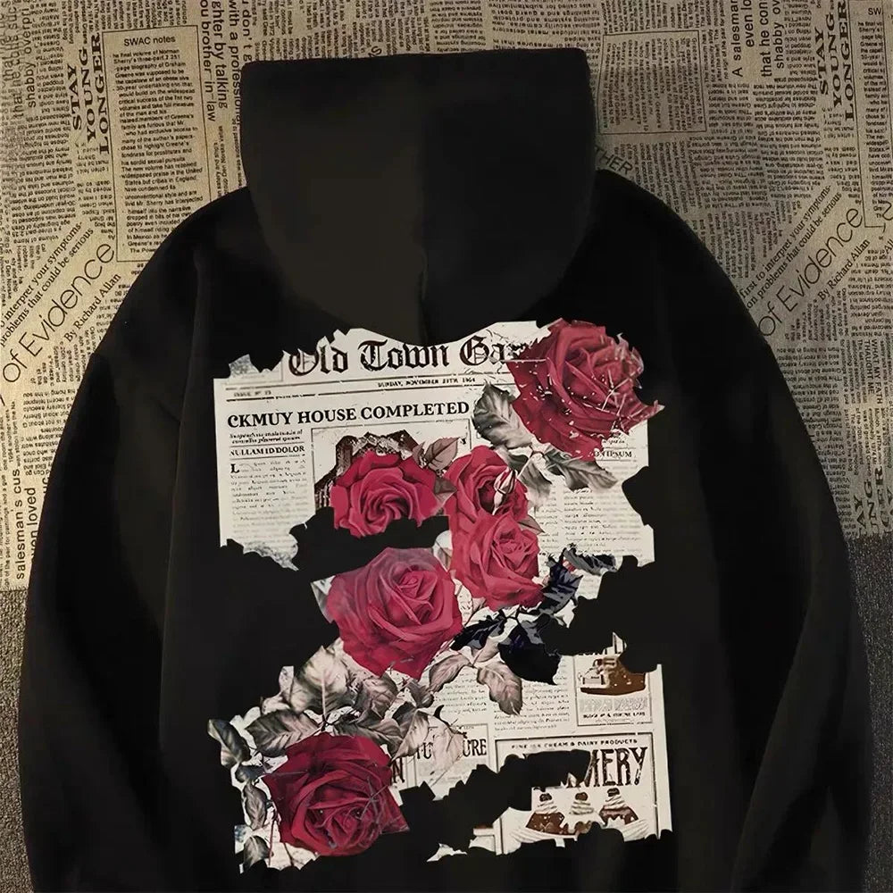 Hoodie Men Graphic Vivid Rose Print Cotton Hoodies American Retro Personality Streetwear Casual Hooded Sweatshirt Men's Clothing - Ghost District